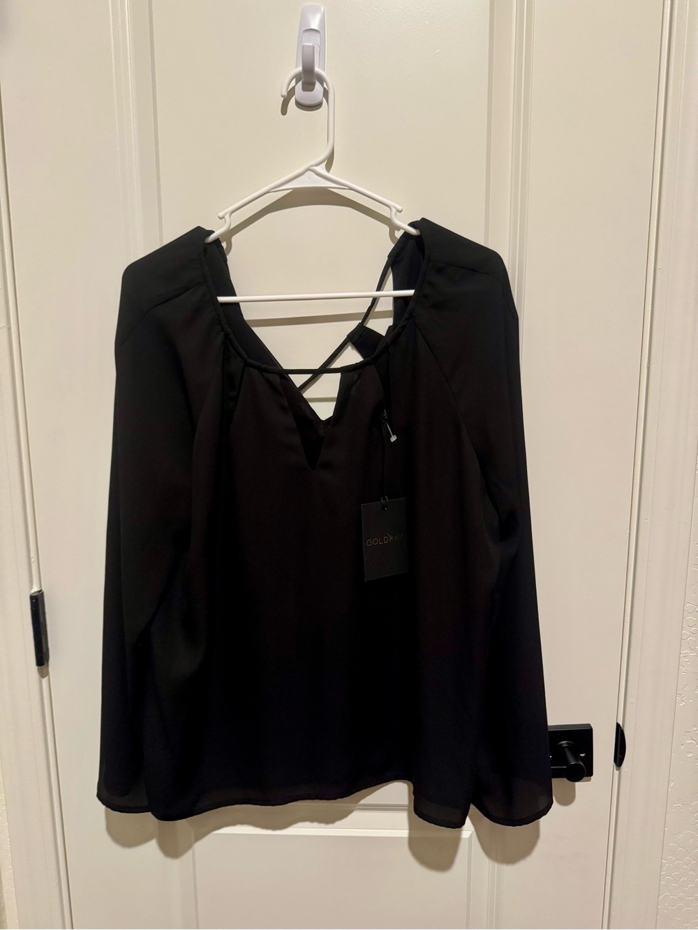 Women's Black Long-Sleeve V-Neck Blouse with Back Strap Detail
